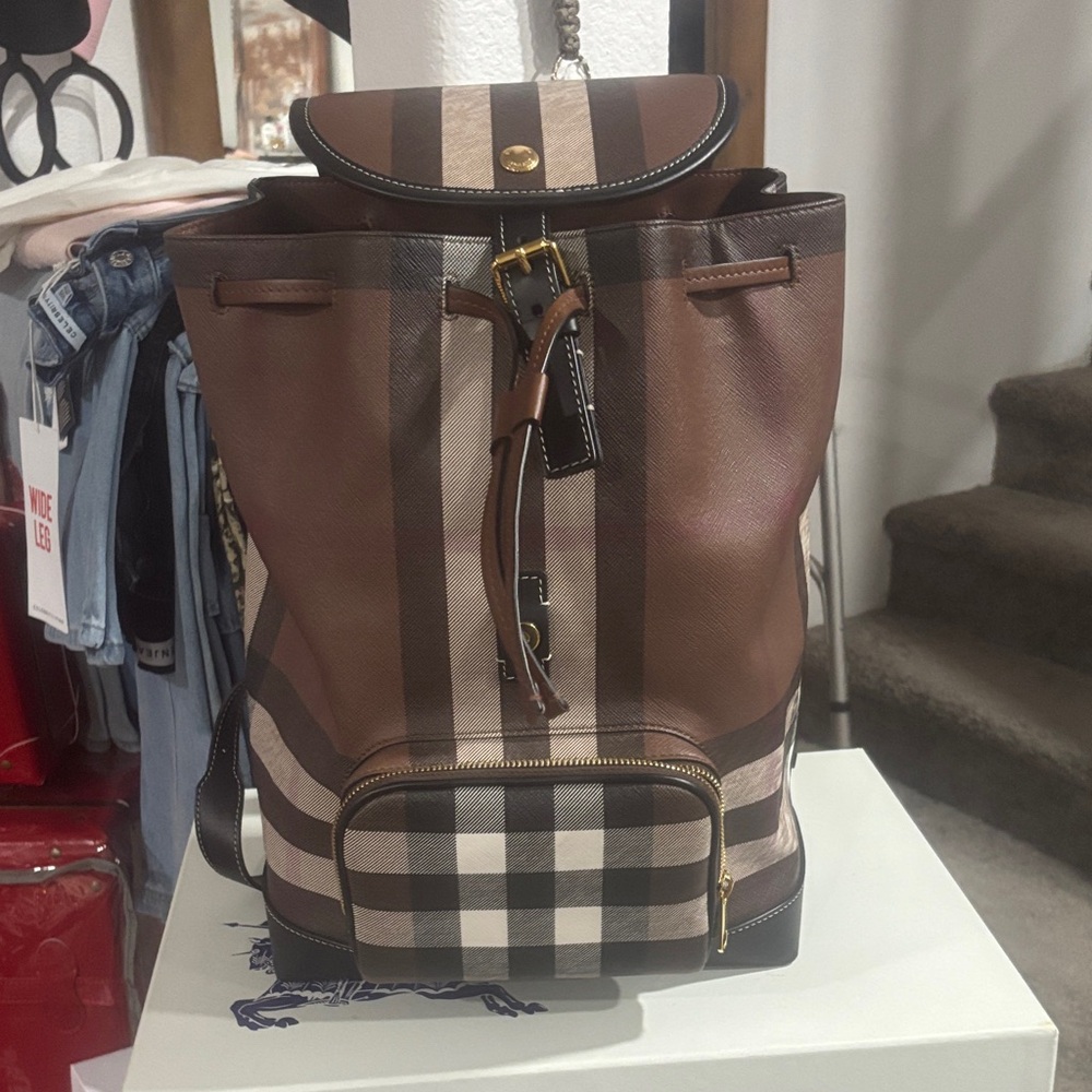 Authentic Burberry  Checked Plaid Leather Drawstring Backpack - Designer Style